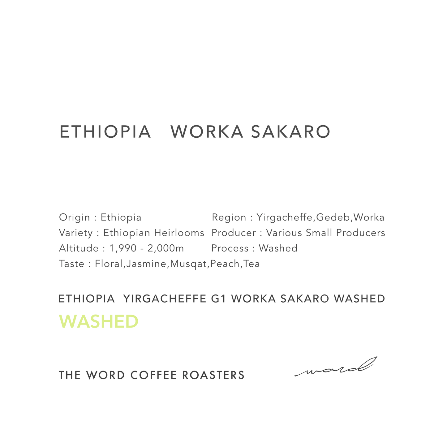 ETHIOPIA YIRGACHEFFE G1 WORKA SAKARO エチオピア イルガチェフェG1 ウォルカ サカロ